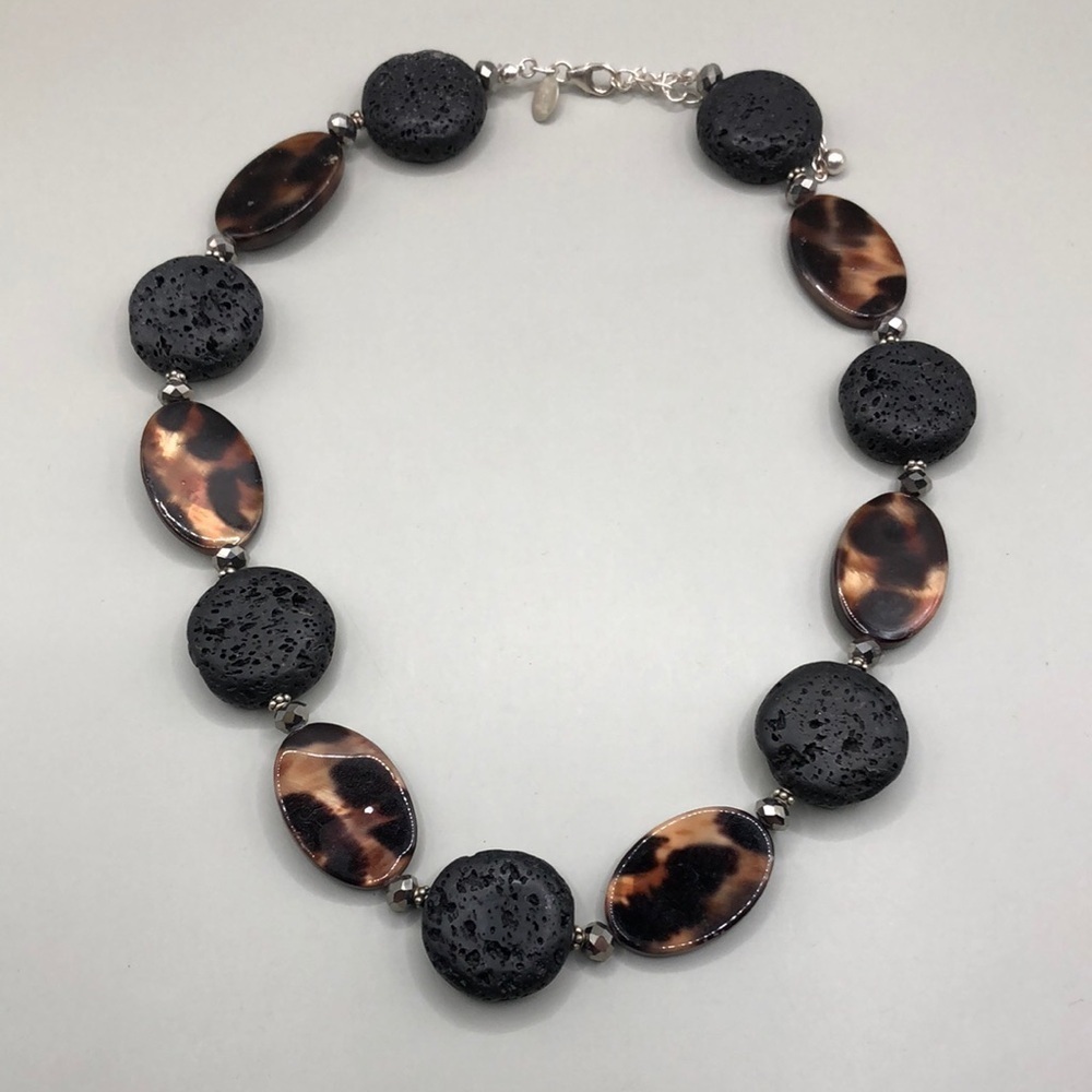 Donna Dressler 925 Sterling Silver Faux Tortoise and Lava Bead Necklace